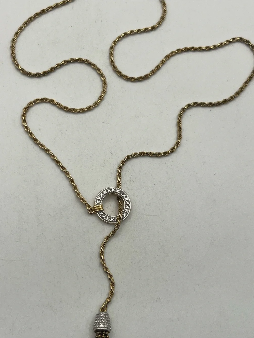 Lariat tassel necklace gold over sterling silver CZ chain